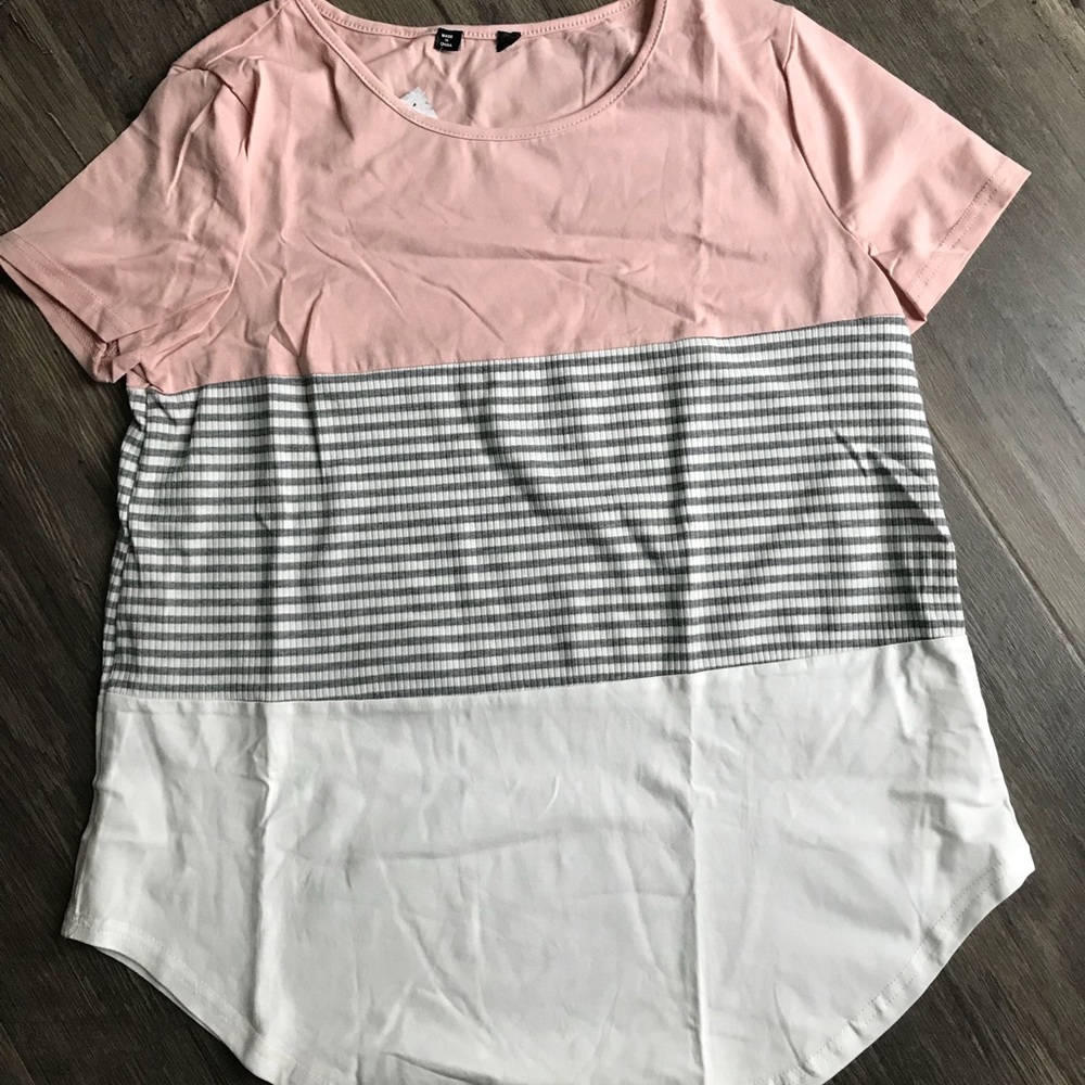 Short Sleeve Round Neck Striped Color Block Top - Picture 2 of 5